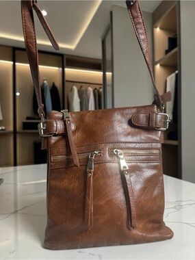 Miztrque Brown Leather Crossbody Bag Multi Zip Shoulder Purse Buckle Detail